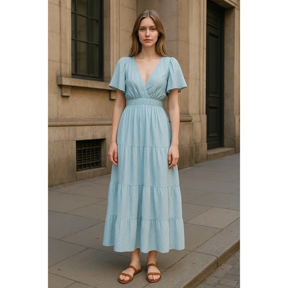She + Sky Ruffle Sleeve w/ Plunging Neckline Open Back Crepe Blue Maxi Dress 1XL - Picture 9 of 9